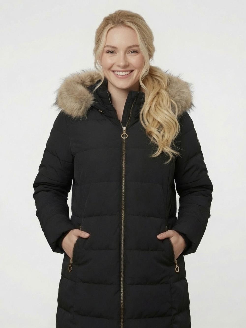 Halitech Women’s Midweight Faux-Fur Trim Puffer Jacket Size Black 2X